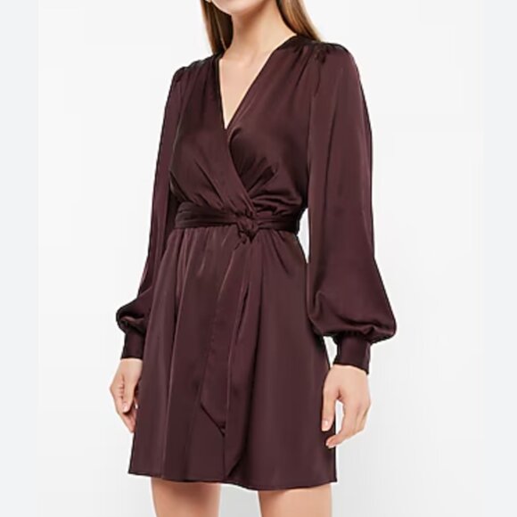 NWT Express Satin Long Sleeve Tie Waist Mini Dress Burgundy Size XS - Picture 13 of 13